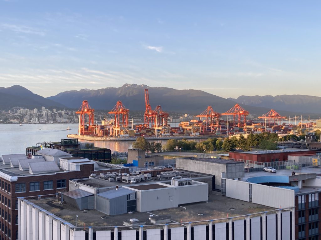 Cranes at Burrard Inlet, East Vancouver, June 2022.